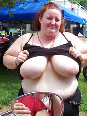 Mature plumpers showing their big tits on public event